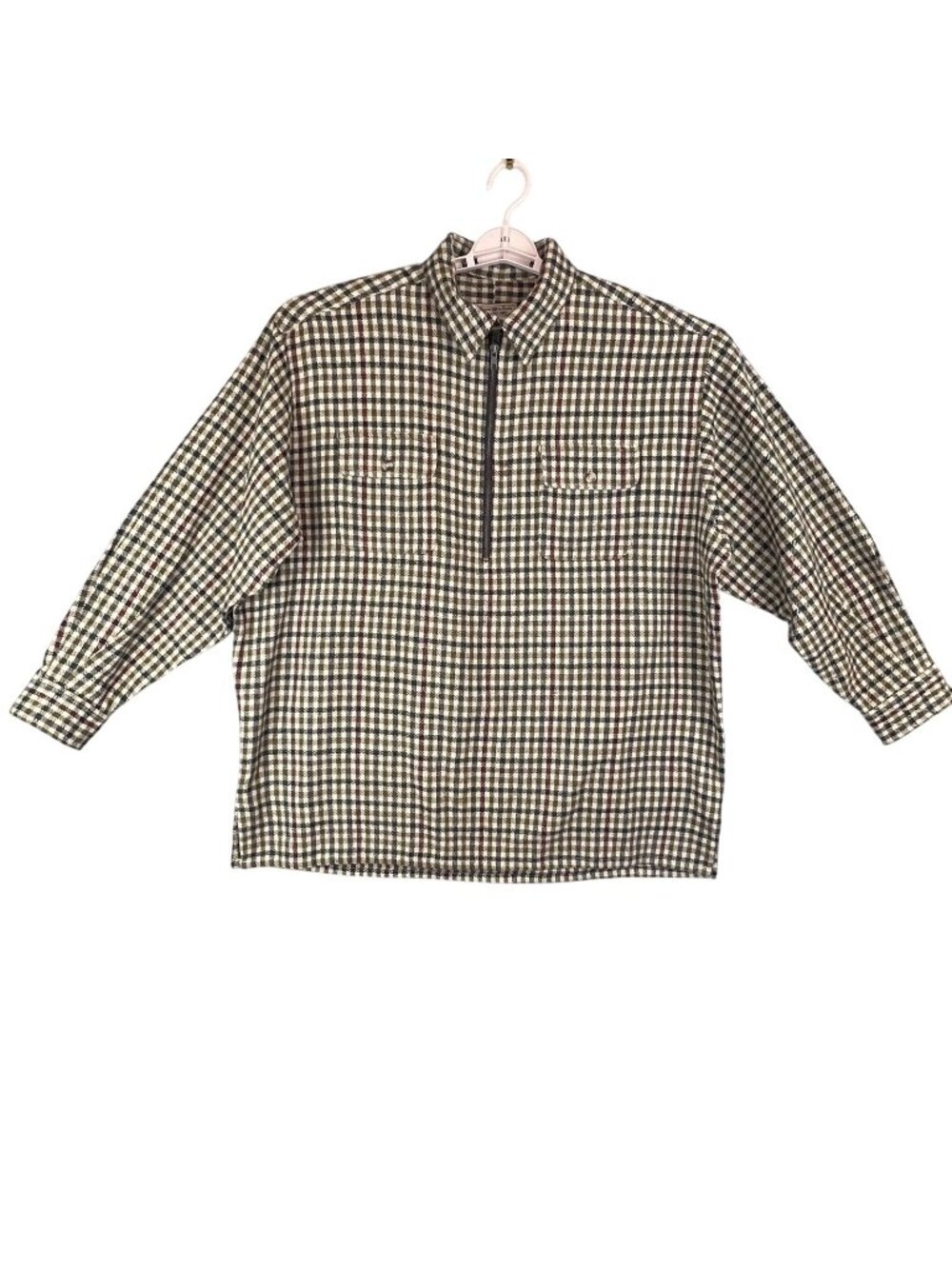 Mens L Pullover Outdoor Shacket Layering Fisherman Plaid Half Zip Hong Kong 90s